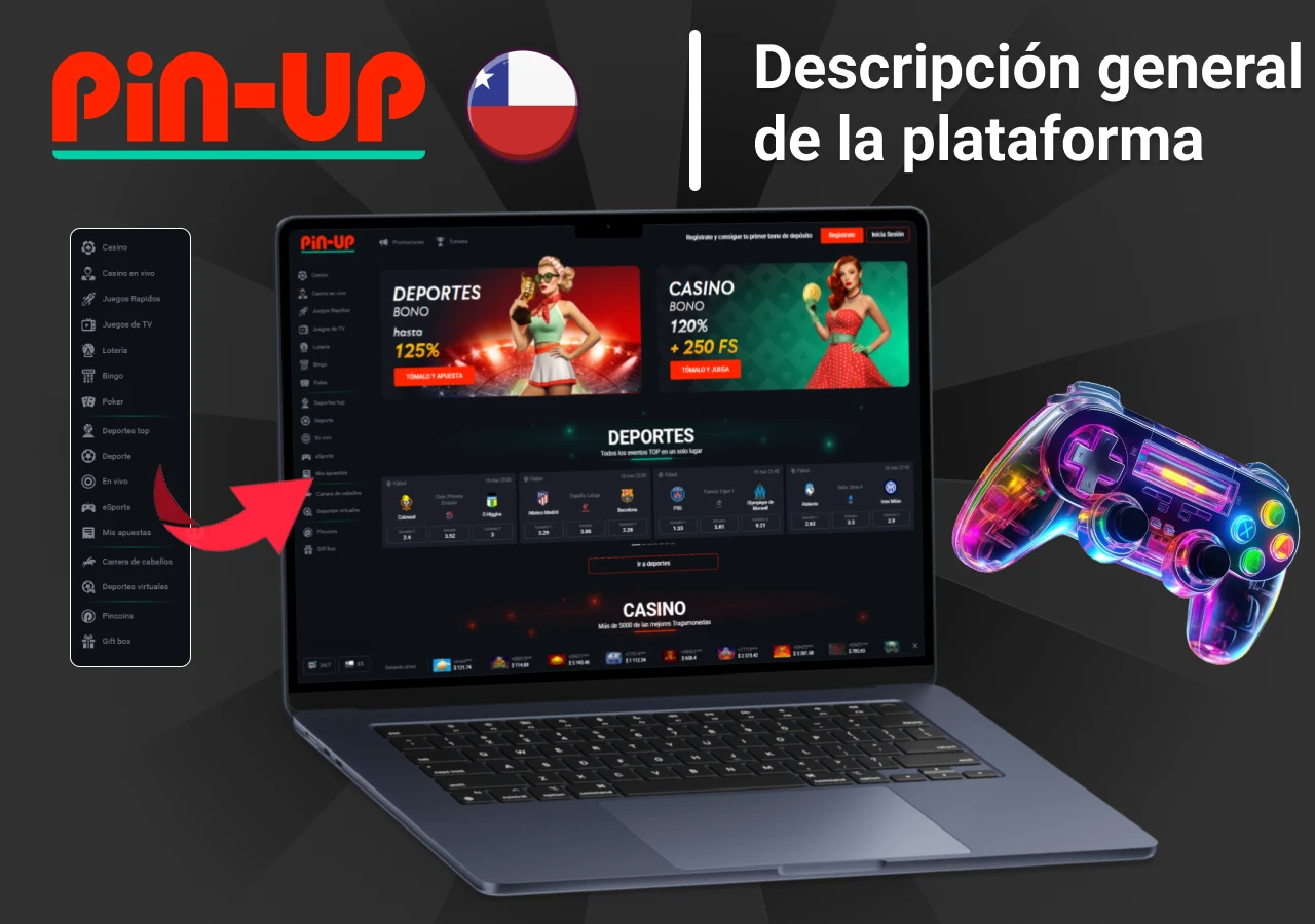 Vista general de la plataforma Pin-Up Chile en un portátil con un menú lateral de opciones de juego