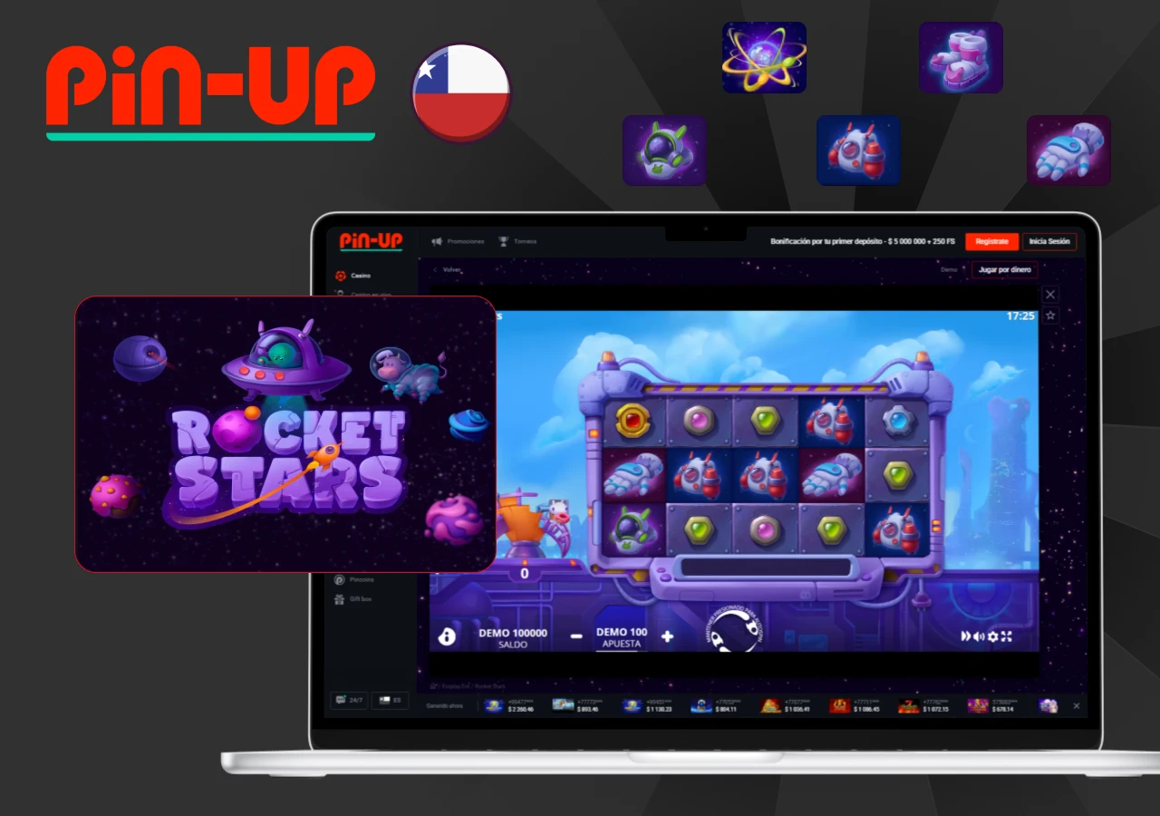Pantalla del juego Rocket Stars en Pin-Up Chile con cohetes, planetas y símbolos espaciales en tonos morados brillantes
